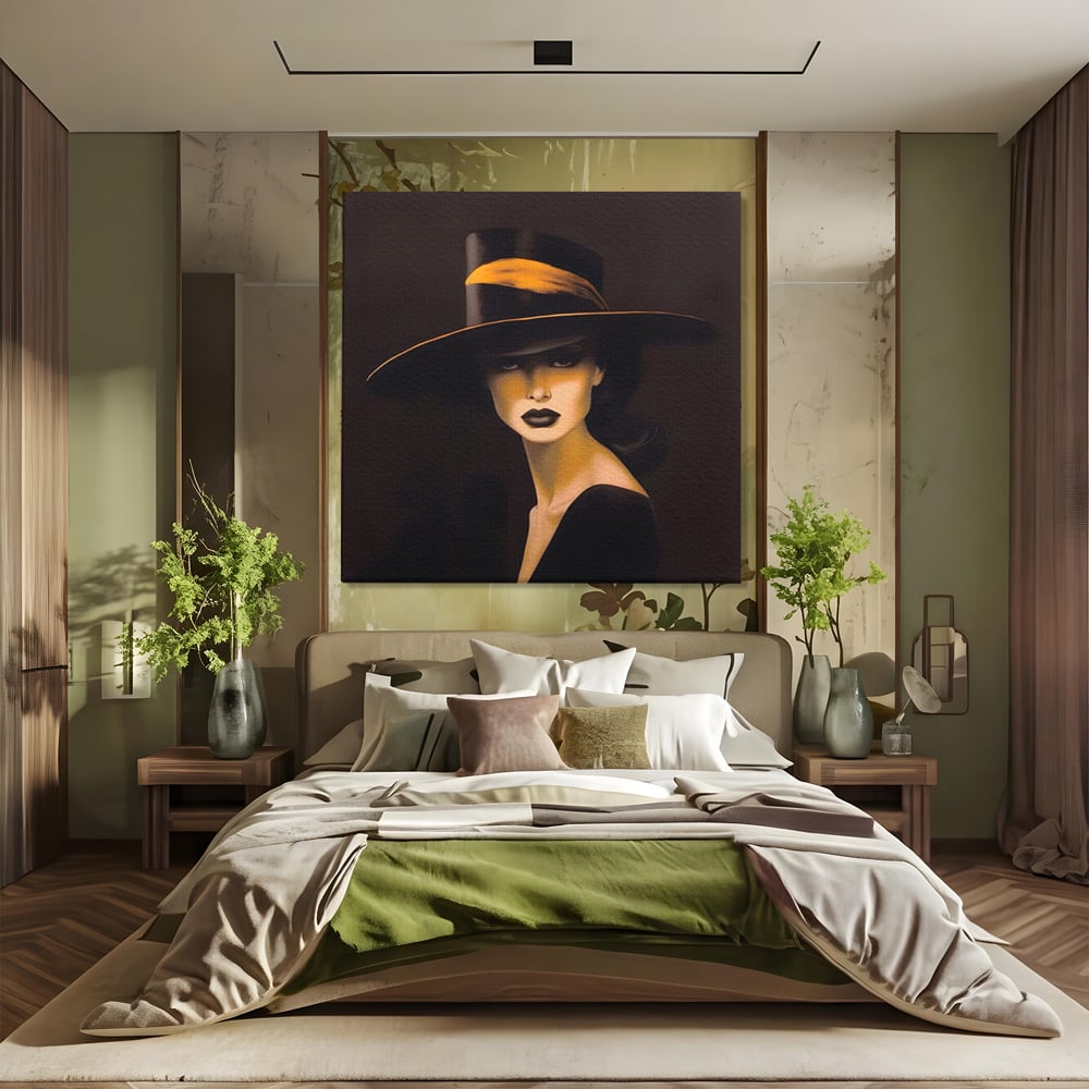 Tablou canvas cu tablou canvas cu femeie misterioasa, fara rama, pe sasiu de lemn, pe perete intr-un dormitor